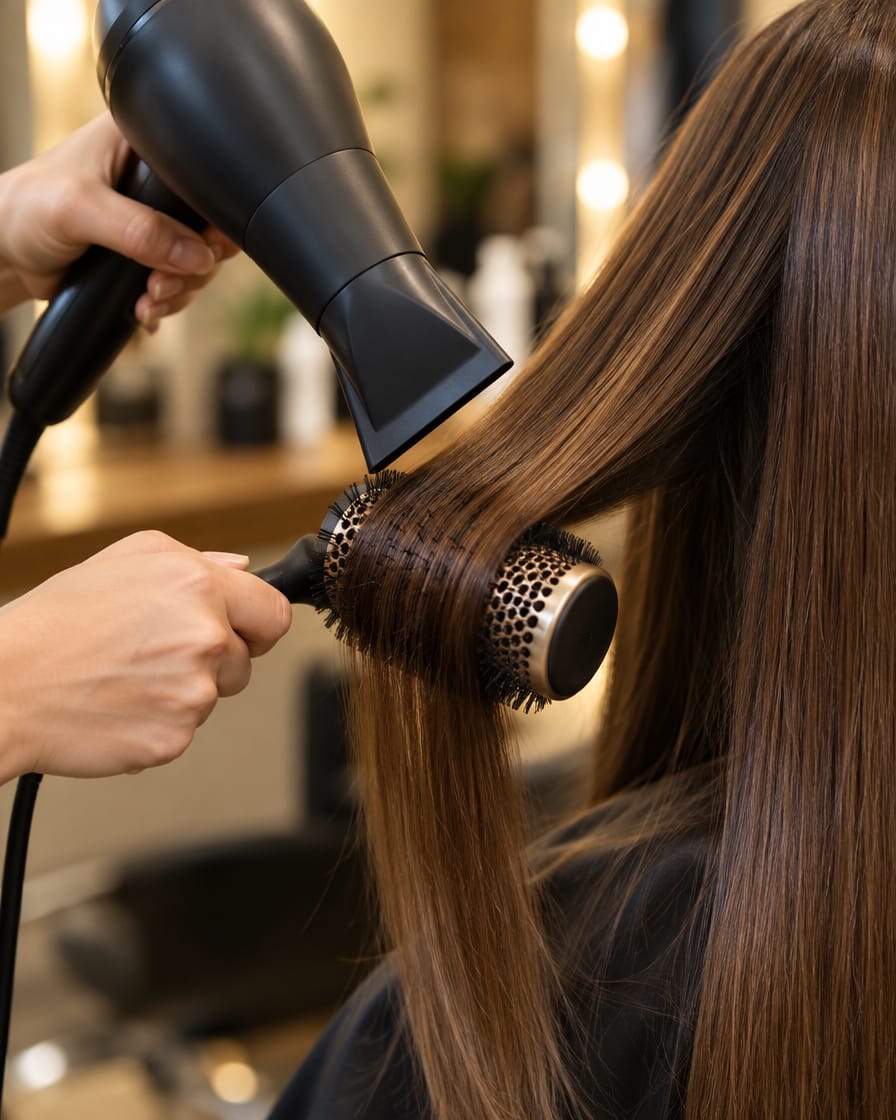 Escova redonda e secador modelando um cabelo liso