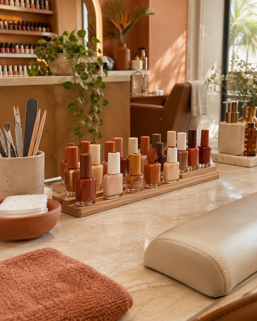 Mesa de manicure com esmaltes em tons terracota e âmbar