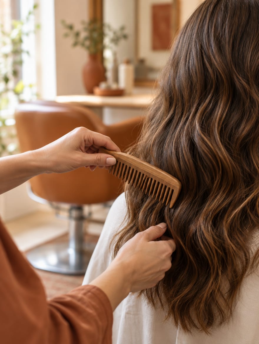 Mãos penteando um cabelo longo com um pente de madeira